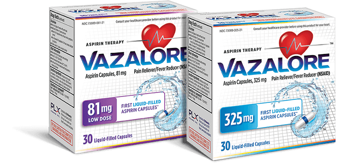VAZALORE packaging for 81mg and 325mg